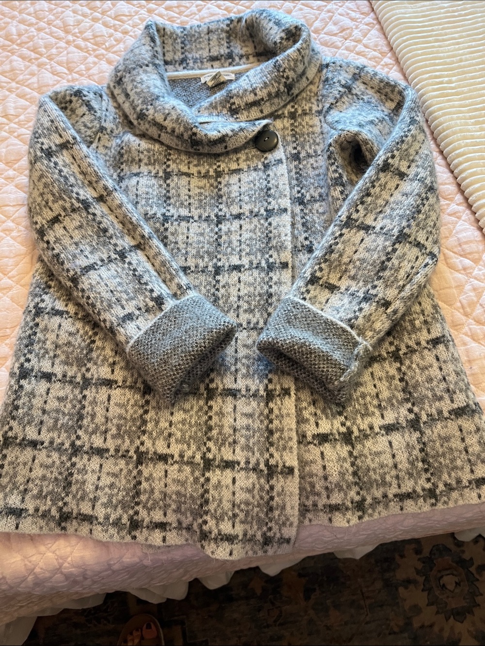 Christian Siriano Gray Plaid Cowl-Neck Sweater Coat - Picture 2 of 3